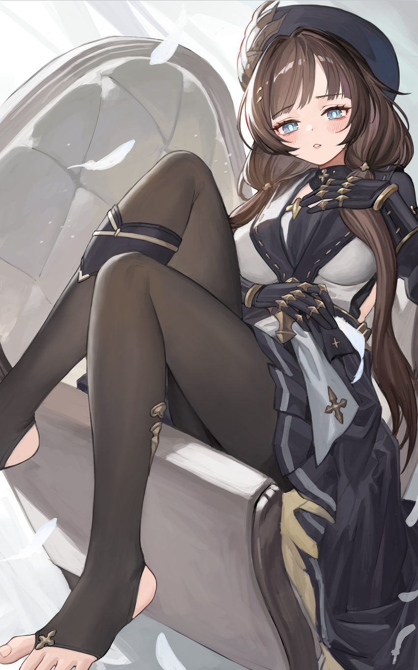 1girl, 22_(291085645), armored_gloves, black_sarong, blue_eyes, breasts, brown_hair, chair