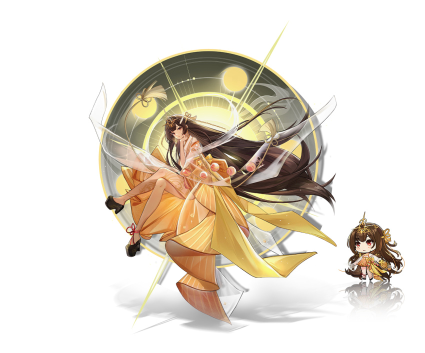 1girl, absurdly_long_hair, anzu_(clover_theater), brown_hair, china_dress, chinese_clothes, clover_theater, dress, long_hair, looking_at_viewer, observerz, official_art, orange_dress, tassel, very_long_hair