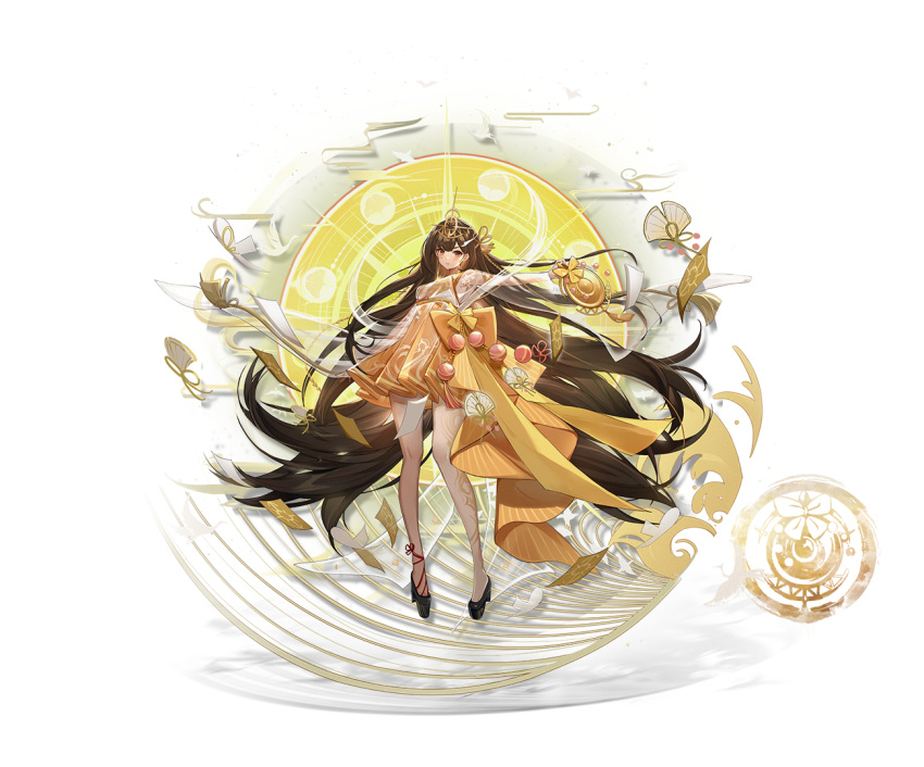 1girl, absurdly_long_hair, anzu_(clover_theater), brown_hair, china_dress, chinese_clothes, clover_theater, dress, long_hair, looking_at_viewer, observerz, official_art, orange_dress, tassel, very_long_hair