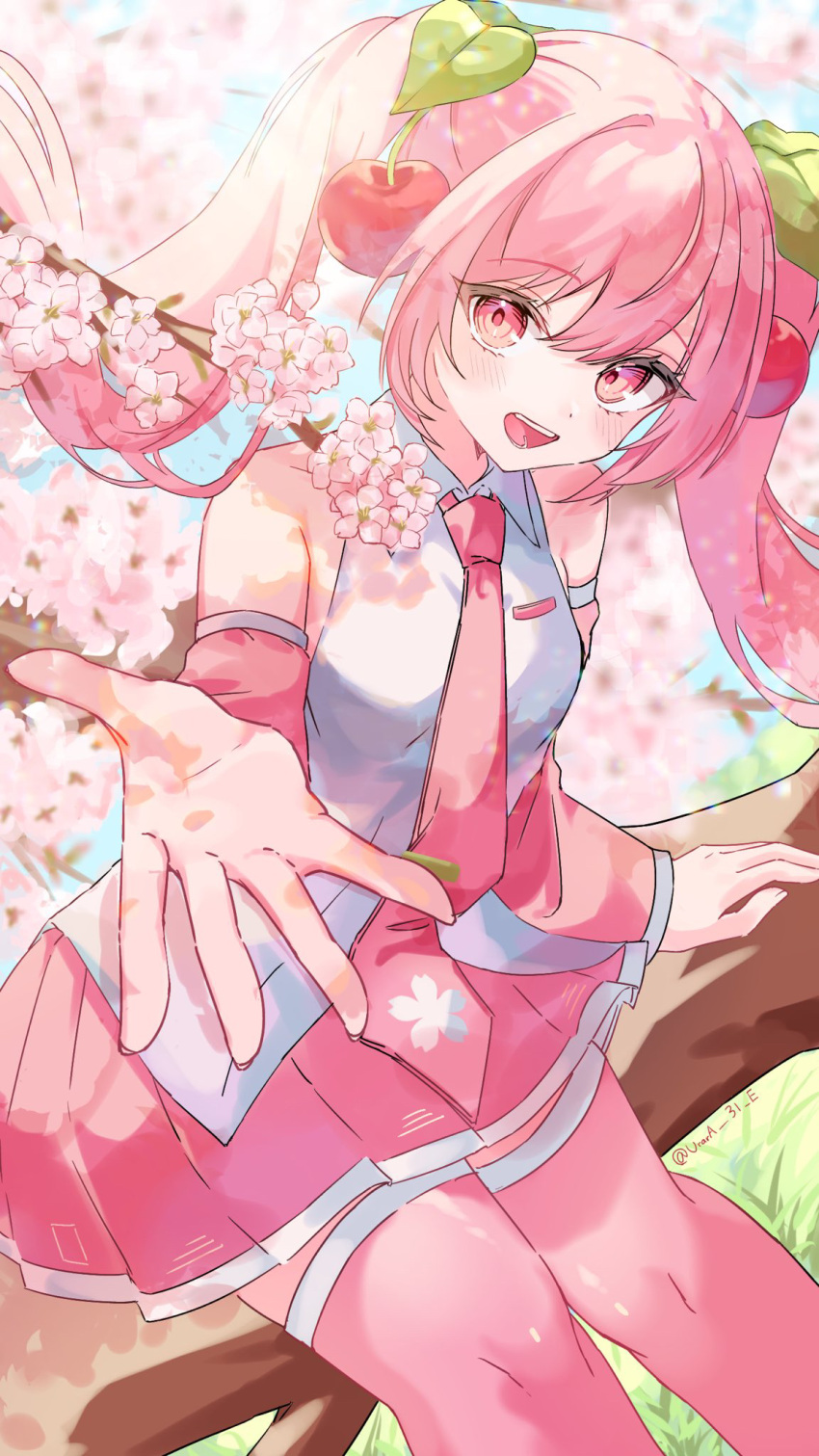 1girl, arm_support, artist_name, bare_shoulders, blue_sky, breasts, cherry_blossoms, cherry_hair_ornament