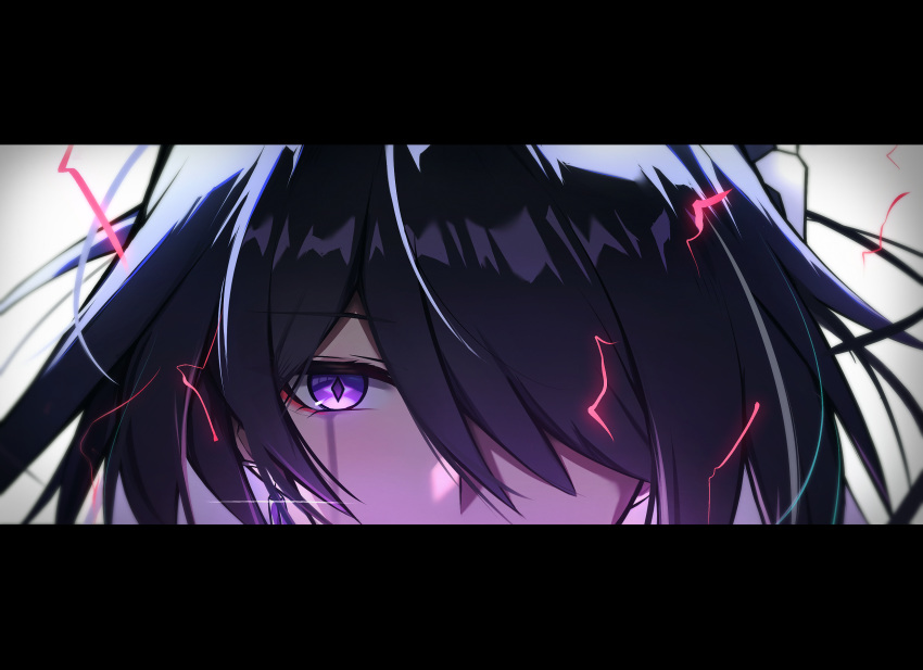 1girl, acheron_(honkai:_star_rail), commentary, diamond-shaped_pupils, diamond_(shape), earrings, electricity, english_commentary, eye_focus, eyeliner, glint, hair_ornament, hair_over_one_eye, highres, honkai:_star_rail, honkai_(series), jewelry, long_hair, looking_at_viewer, makeup, multicolored_hair, petchi1999, purple_hair, red_eyeliner, solo, straight-on, streaked_hair, symbol-shaped_pupils, tears, tears_from_one_eye, violet_eyes, white_background