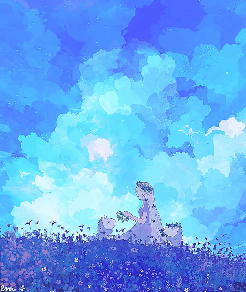 1girl, artist_name, blue_sky, clouds, cloudy_sky, dress, enki_(enkiriin), flower, grey_hair, hair_flower, hair_ornament, head_wreath, highres, holding, holding_wreath, long_hair, nijisanji, nijisanji_en, purple_dress, signature, sky, solo, star_(sky), very_long_hair, victoria_brightshield, virtual_youtuber, x_hair_ornament
