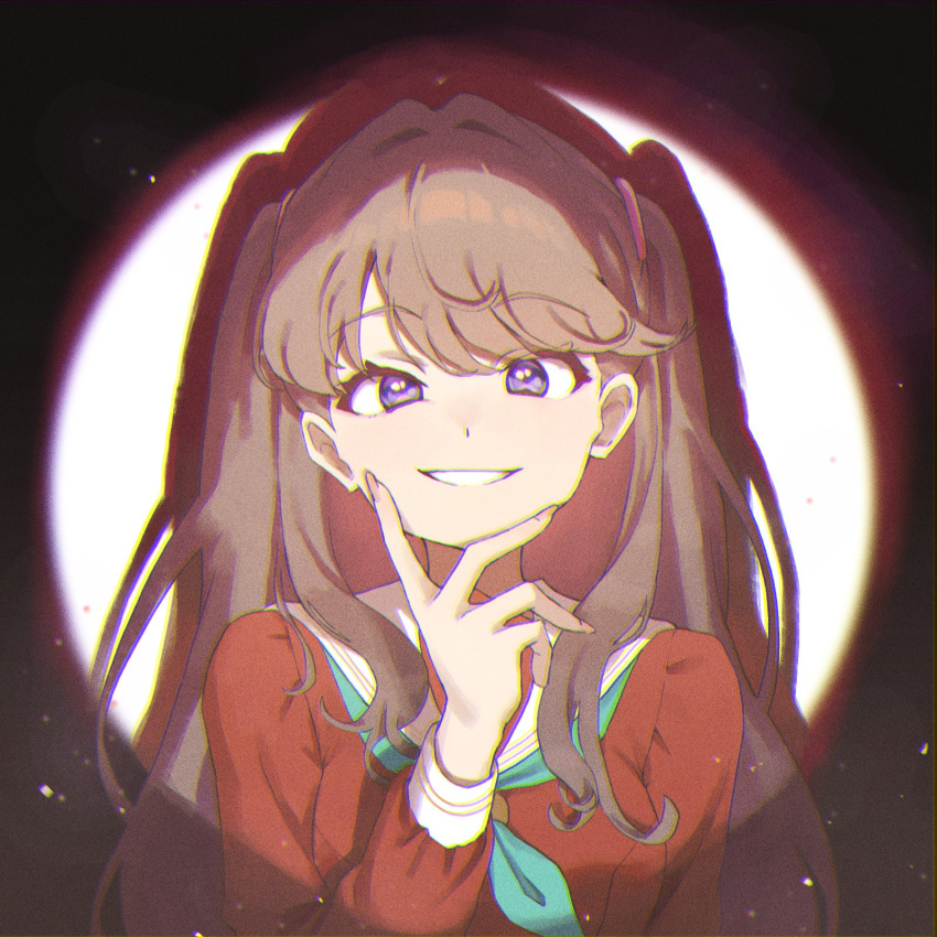 1girl, aqua_neckerchief, black_background, breasts, brown_dress, brown_hair, chromatic_aberration, dress, fujishima_megumi, grin, hand_on_own_chin, hashtag-only_commentary, hasu_no_sora_school_uniform, highres, light_particles, link!_like!_love_live!, long_hair, long_sleeves, looking_at_viewer, love_live!, medium_breasts, neckerchief, sailor_collar, sailor_dress, school_uniform, searchlight, sleeve_cuffs, smile, solo, sunkeun, two_side_up, upper_body, violet_eyes, virtual_youtuber, white_sailor_collar, winter_uniform