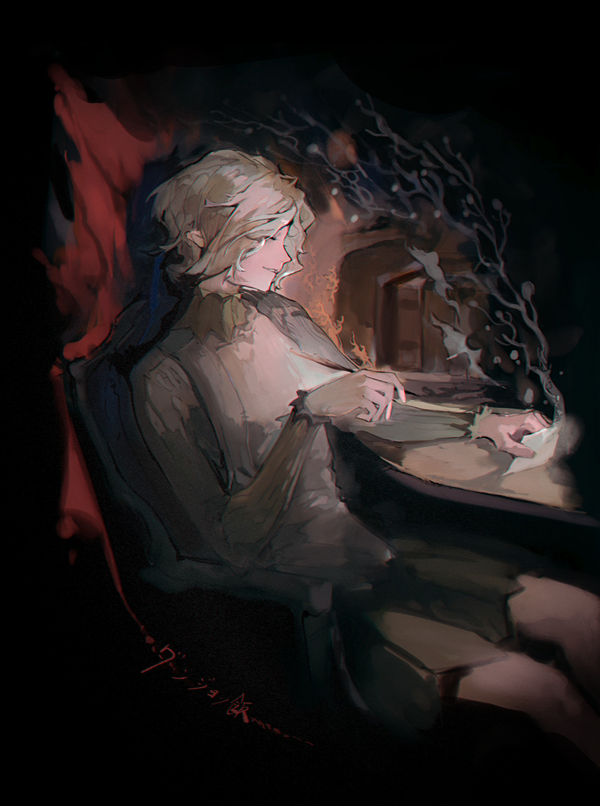 1boy, absurdres, black_background, chair, dungeon_meshi, elf, gorget, grey_hair