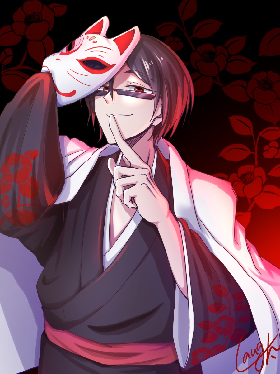1boy, black_hair, cape, floral_background, fox_mask, glasses, highres, holding