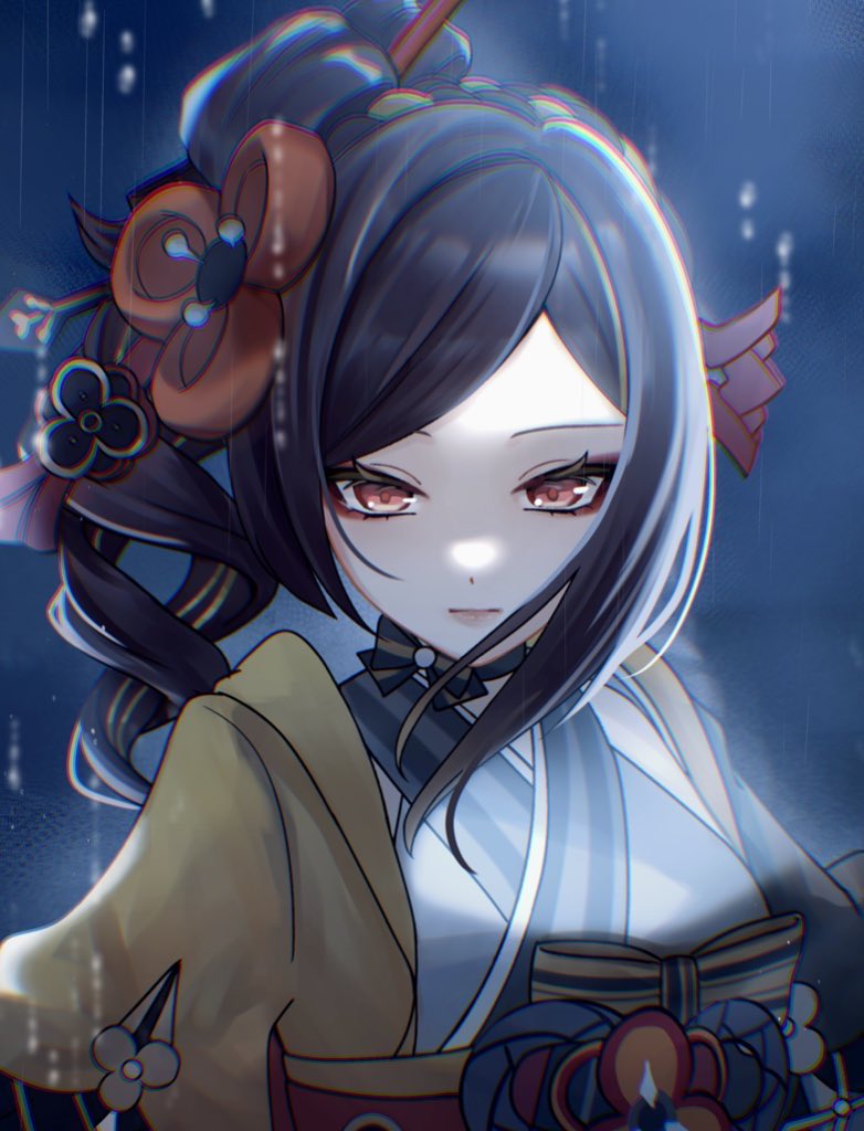 1girl, brown_hair, chiori_(genshin_impact), closed_mouth, drill_hair, genshin_impact, gnsn_tukituki, gradient_background