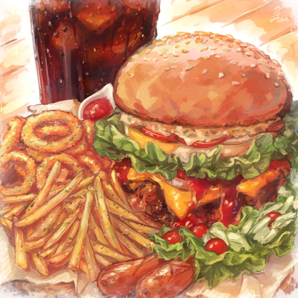 burger, cheese, cola, cup, cyasha, drink, drinking_glass, food, food_focus, french_fries, fried_egg, ketchup, lettuce, meat, no_humans, onion, onion_rings, original, sausage, signature, soda, tomato