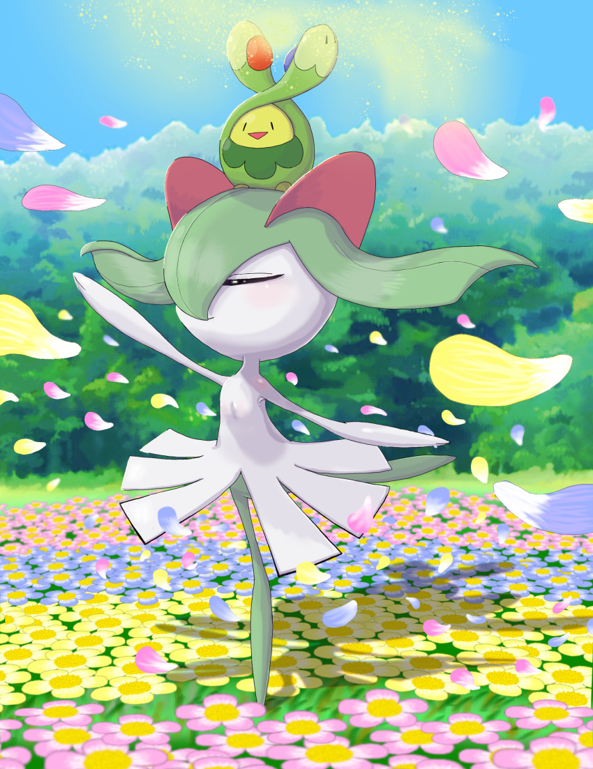 absurdres, blush, budew, closed_eyes, closed_mouth, commentary_request, dancing, day, falling_petals, floating_hair, flower, green_hair, highres, kirlia, leg_up, on_head, outdoors, outstretched_arms, petals, pokemon, pokemon_(creature), pokemon_on_head, q.t.2_shi, smile, standing, standing_on_one_leg