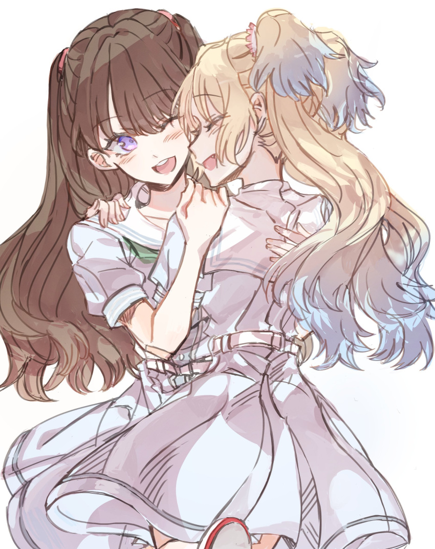 2girls, ;d, aqua_neckerchief, blonde_hair, blue_hair, blush, brown_hair, closed_eyes