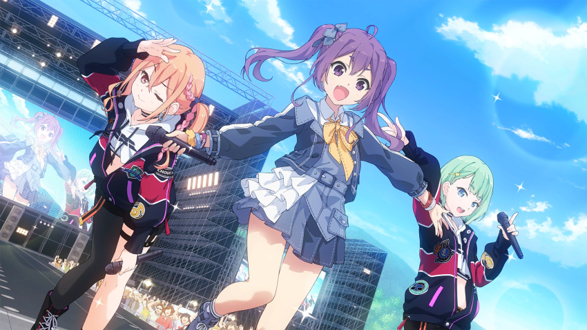 22/7, 22/7_ongaku_no_jikan, 3girls, ahoge, asymmetrical_legwear, black_thighhighs, blue_eyes, blue_sky