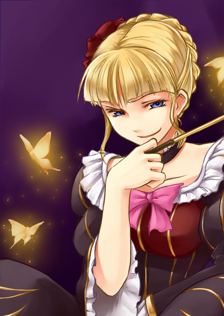 blonde_hair, blue_eyes, butterfly, dress, highres, kiseru, pipe, smile