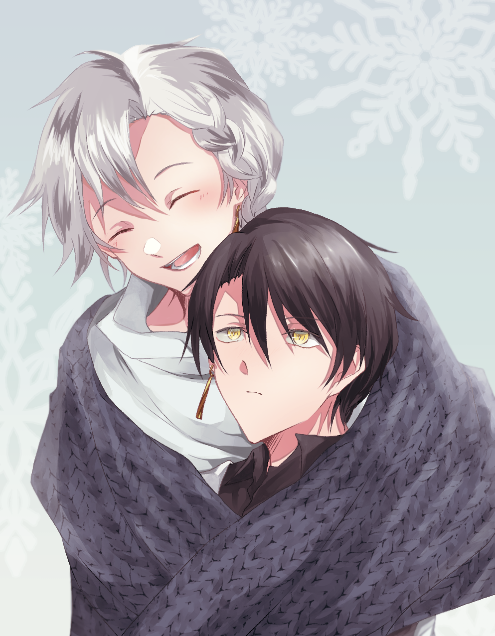 2boys, black_hair, braid, closed_eyes, ear_piercing, gear_(servamp), highres, male_focus, multiple_boys, piercing, seikistar, servamp, short_hair, single_braid, smile, snowflake_print, tsumugi_youtarou, white_hair, yellow_eyes