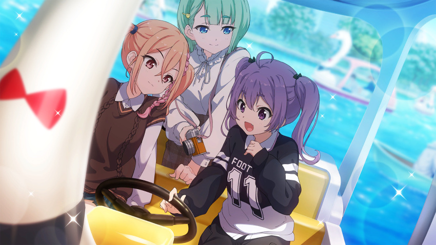 22/7, 22/7_ongaku_no_jikan, 3girls, ahoge, black_ribbon, black_shorts, blue_eyes, blurry