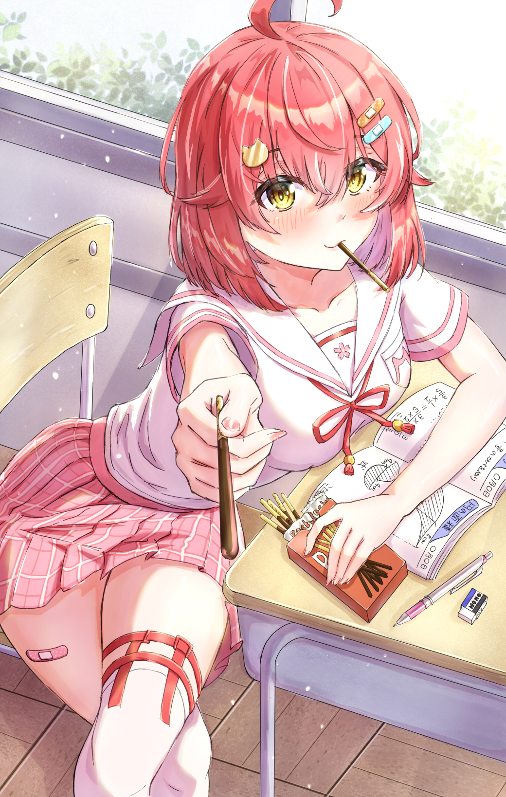 1girl, ahoge, bandaid, bandaid_hair_ornament, bandaid_on_knee, bandaid_on_leg, cat_hair_ornament, chair
