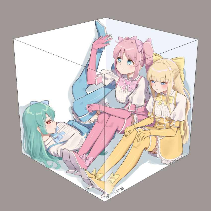 3girls, absurdres, artist_name, blonde_hair, blue_eyes, boots, bow, box