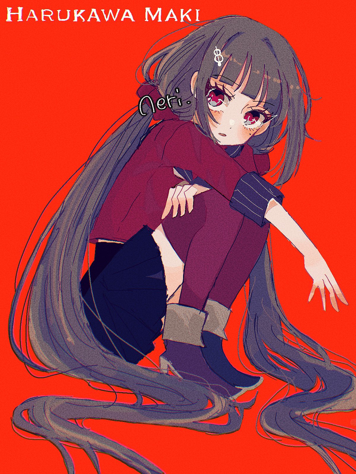 1girl, :o, black_skirt, blush, brown_hair, character_name, danganronpa_(series), danganronpa_v3:_killing_harmony, full_body, hair_ornament, hairclip, han_(hn-khk), harukawa_maki, highres, knees_up, long_sleeves, miniskirt, mole, mole_under_eye, pleated_skirt, red_background, red_eyes, red_shirt, red_thighhighs, shirt, shoes, sitting, skirt, solo, thigh-highs, twintails