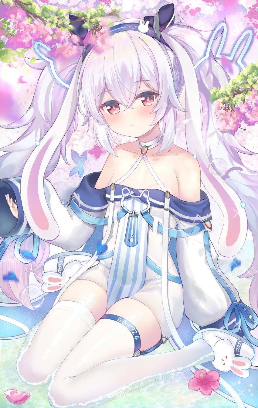 1girl, animal_ears, animal_slippers, azur_lane, bare_shoulders, bunny_slippers, dress, expressionless, full_body, hair_between_eyes, hair_ornament, halterneck, highres, kana_(kuaua), laffey_(azur_lane), laffey_ii_(azur_lane), long_hair, rabbit_ears, rabbit_hair_ornament, red_eyes, sitting, slippers, solo, thigh-highs, twintails, very_long_sleeves, wariza, white_dress, white_hair, white_thighhighs