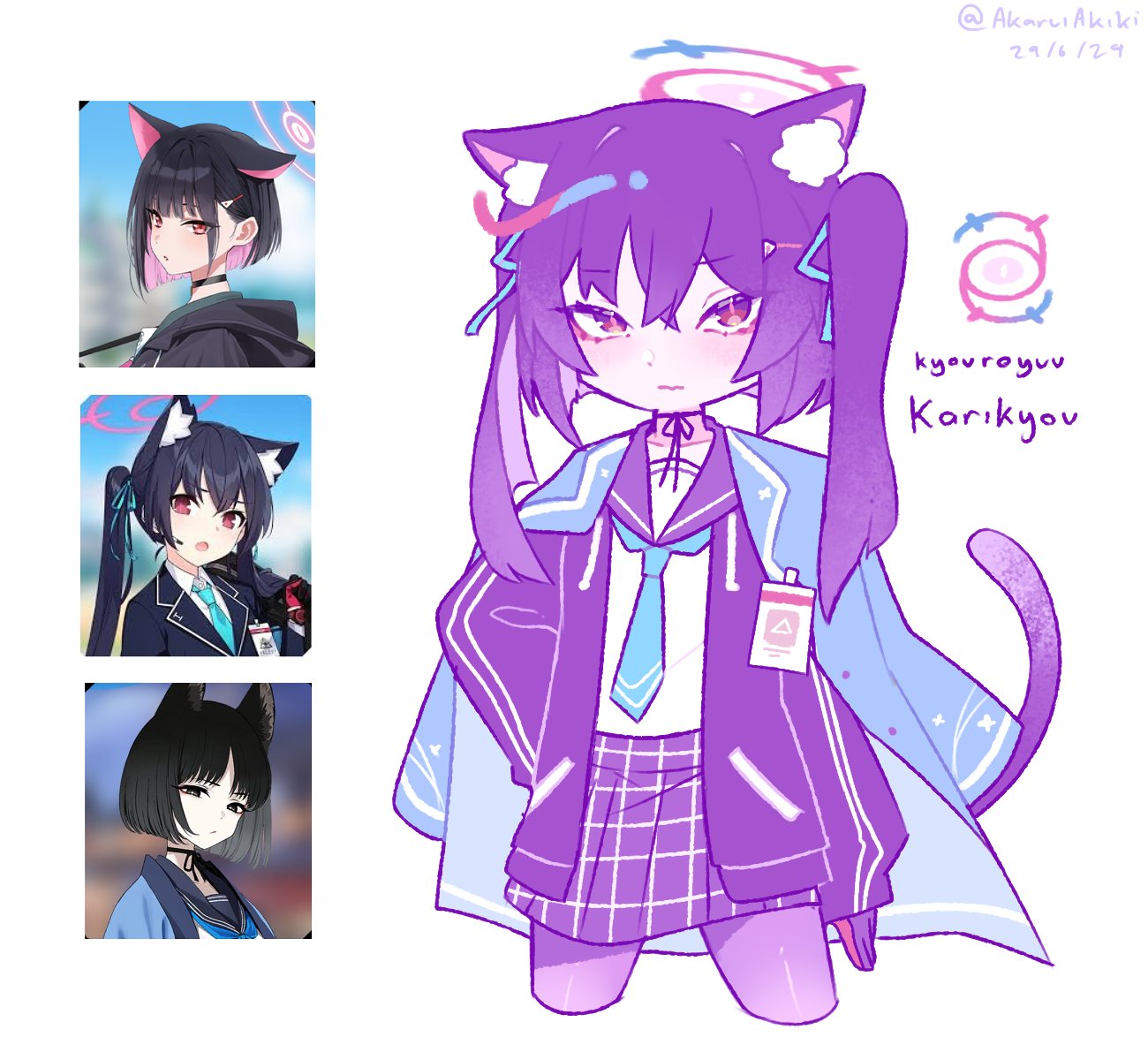 3girls, akaruiakiki, animal_ear_fluff, animal_ears, blue_archive, cat_ears, cat_girl, cat_tail, chimerism, commentary, crossed_bangs, english_commentary, fusion, hair_between_eyes, halo, highres, kazusa_(blue_archive), kikyou_(blue_archive), long_hair, multiple_girls, necktie, official_art_inset, plaid, plaid_skirt, pleated_skirt, reference_inset, school_uniform, serika_(blue_archive), simple_background, skirt, tail, twintails, white_background