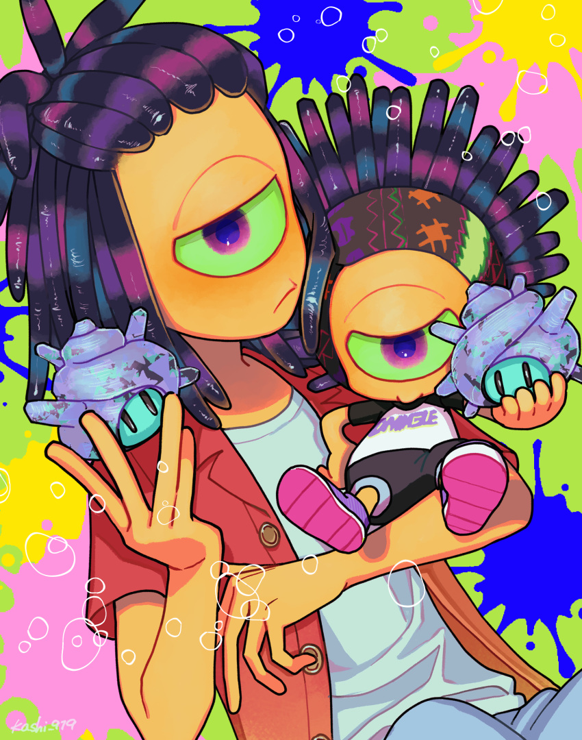 1boy, age_comparison, age_difference, colored_sclera, dreadlocks, dual_persona, green_sclera, headband, highres, kashi0919, layered_shirt, murch_(splatoon), one-eyed, purple_hair, sea_urchin, shirt, shoes, short_sleeves, shorts, splatoon_(series), splatoon_2, splatoon_3, super_sea_snail, violet_eyes