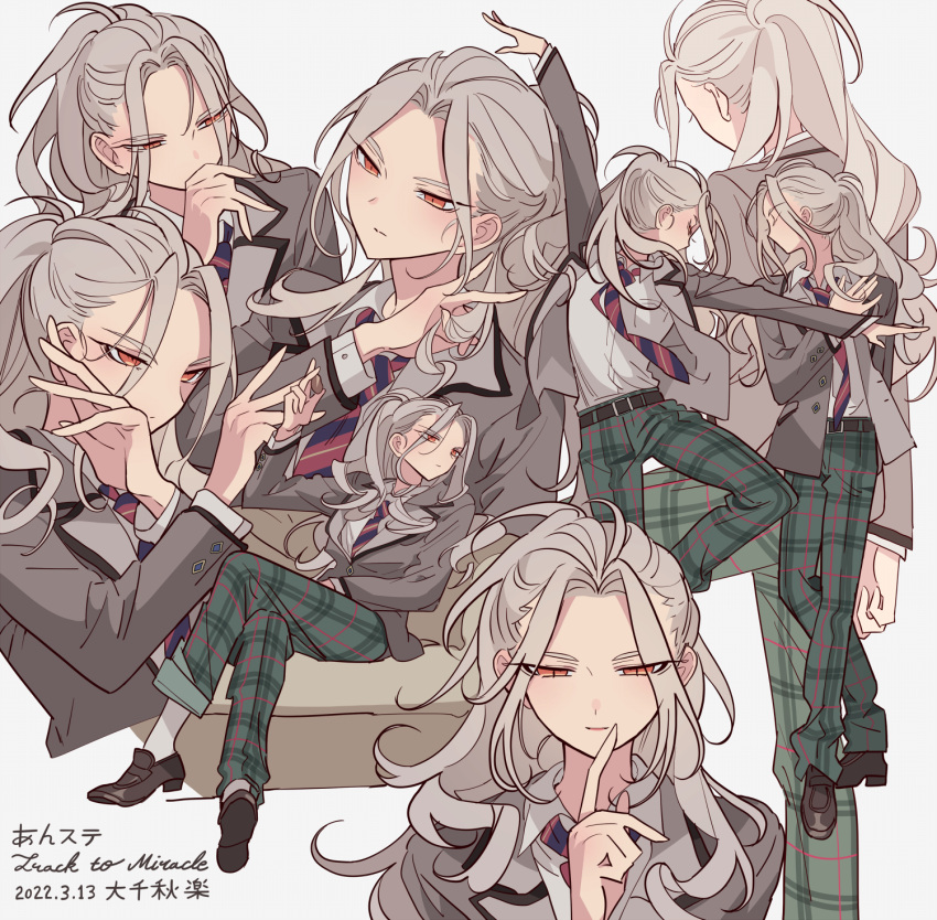 1boy, bad_id, bad_pixiv_id, brown_footwear, closed_mouth, collared_shirt, couch, crossed_arms