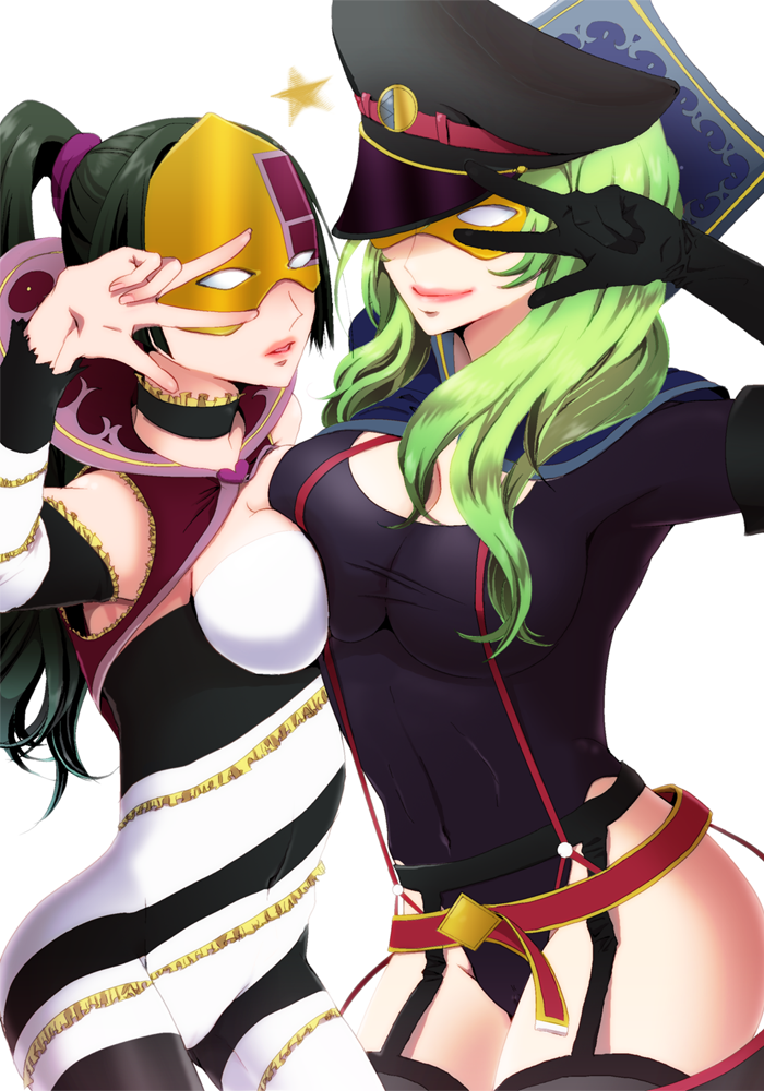 breast_press, breasts, garter_belt, gloves, hat, kiraboshi_(star_driver), mask, multiple_girls