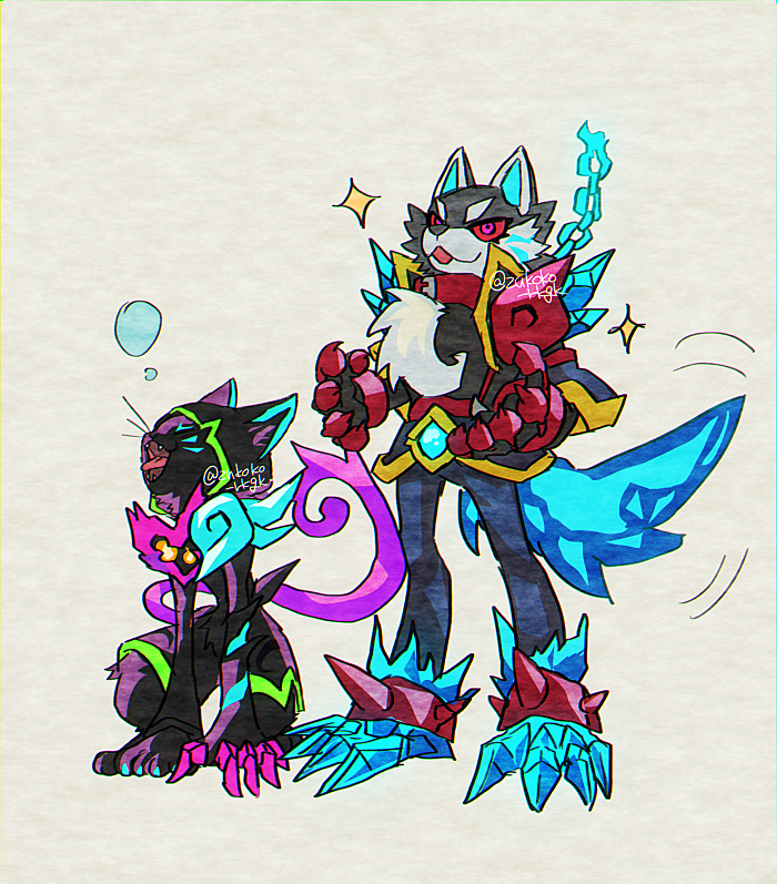 black_fur, black_hood, blue_tail, body_fur, cat, claws, colored_sclera, commentary_request, facial_mark, fangs, full_body, furry, grey_background, grey_fur, hood, hood_up, kuon_(umbraclaw), locke_(umbraclaw), open_mouth, purple_tail, red_sclera, sparkle, twitter_username, umbraclaw, whisker_markings, wolf, zukoko_rkgk