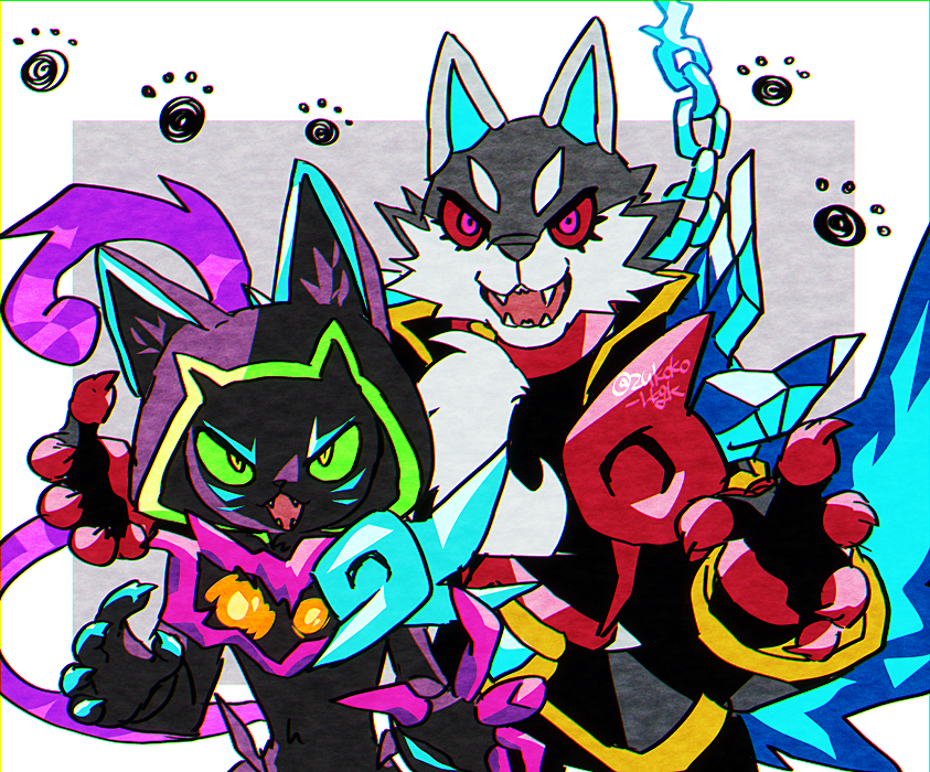 black_fur, blue_tail, body_fur, cat, claws, colored_sclera, commentary_request, facial_mark, fangs, furry, green_sclera, grey_background, grey_fur, kuon_(umbraclaw), locke_(umbraclaw), purple_tail, red_sclera, umbraclaw, upper_body, violet_eyes, whisker_markings, wolf, zukoko_rkgk