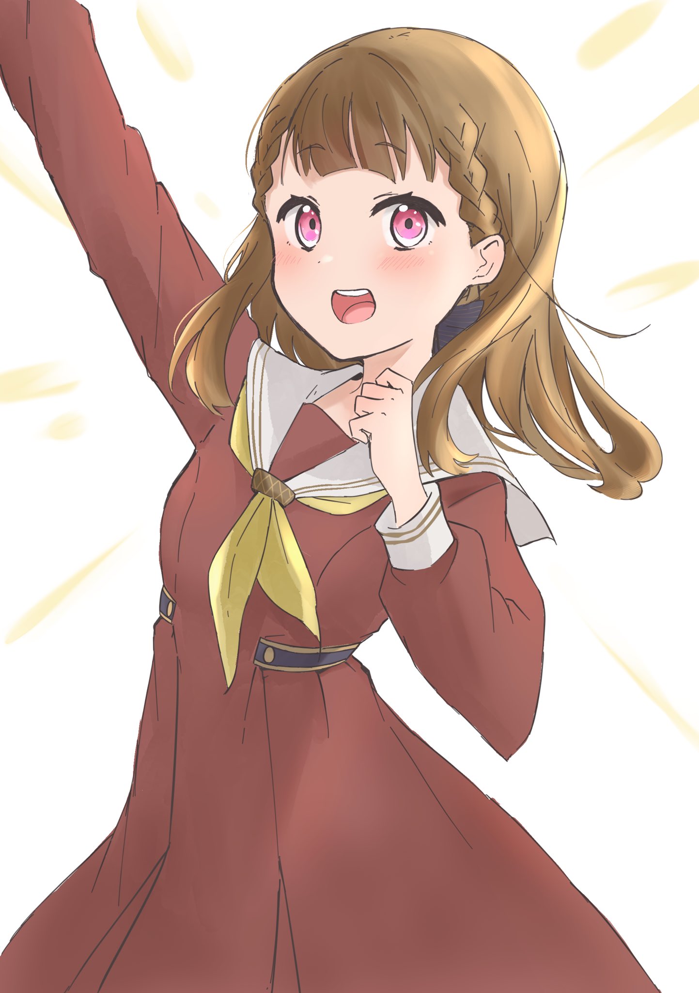 1girl, :d, arm_up, black_bow, blunt_bangs, bow, braid, brown_dress, brown_hair, center-flap_bangs, clenched_hand, commentary, cowboy_shot, dress, emphasis_lines, hair_bow, hasu_no_sora_school_uniform, highres, kachimachi_kosuzu, kumacha, link!_like!_love_live!, long_hair, long_sleeves, looking_at_viewer, love_live!, neckerchief, open_mouth, pink_eyes, pleated_dress, sailor_collar, sailor_dress, school_uniform, side_ahoge, side_braids, simple_background, smile, solo, straight_hair, striped_bow, teeth, upper_teeth_only, virtual_youtuber, white_background, white_sailor_collar, winter_uniform, yellow_neckerchief