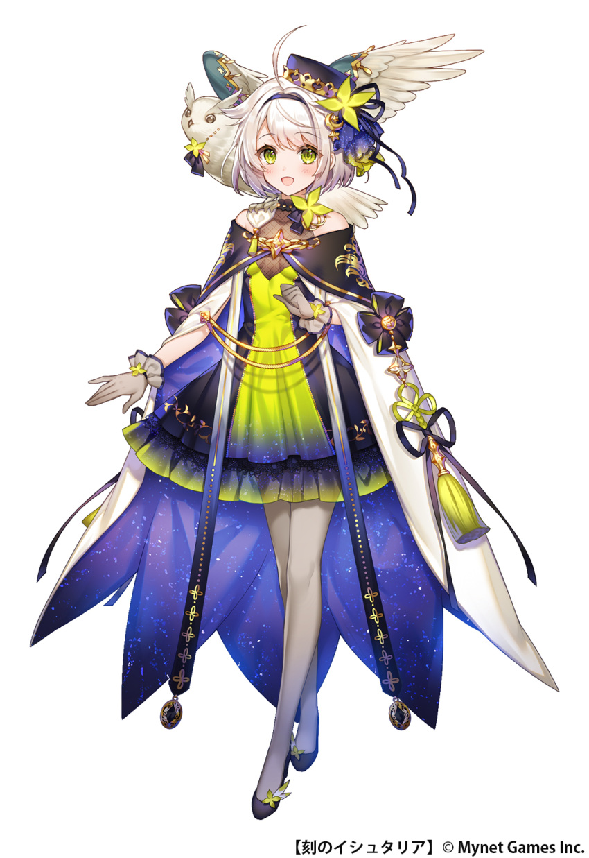 1girl, :d, age_of_ishtaria, ahoge, bare_shoulders, bird, black_footwear, black_ribbon, blush, breasts, copyright_name, copyright_notice, dress, fishnets, flower, full_body, gloves, grey_gloves, grey_hair, grey_pantyhose, hair_ornament, hair_ribbon, hairband, highres, looking_at_viewer, merlin_(age_of_ishtaria), munlu_(wolupus), open_mouth, pantyhose, ribbon, simple_background, small_breasts, smile, solo, standing, white_background, yellow_eyes