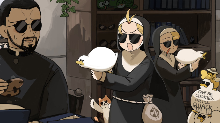 1boy, 3girls, :o, bible_(object), bird, black_hair, blonde_hair, body_writing