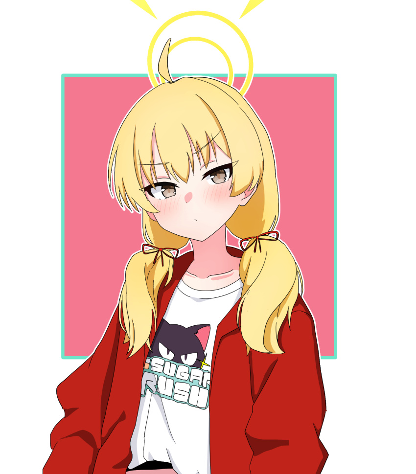 1girl, ahoge, blonde_hair, blue_archive, blush, brown_eyes, hair_ribbon, halo