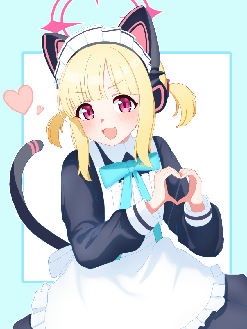 1girl, :3, animal_ear_headphones, animal_ears, apron, blonde_hair, blue_archive, blush