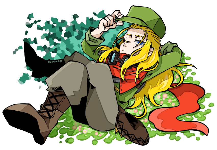 1boy, blonde_hair, blue_eyes, boots, brown_footwear, crossed_legs, dondon096, full_body, goggles, goggles_around_neck, green_hat, green_shirt, hat, highres, holding, holding_clothes, holding_hat, long_hair, lying, on_back, on_ground, one_eye_closed, outdoors, pants, ranger_(sekaiju), ranger_1_(sekaiju), red_scarf, scarf, sekaiju_no_meikyuu, sekaiju_no_meikyuu_1, shirt, solo, white_background