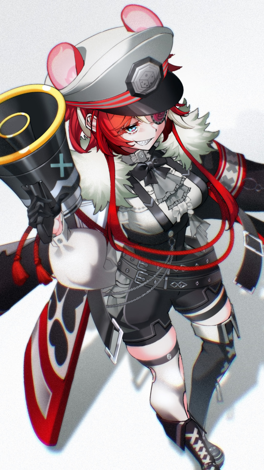 1girl, animal_ears, asymmetrical_legwear, belt, black_bow, black_bowtie, black_gloves, blue_eyes