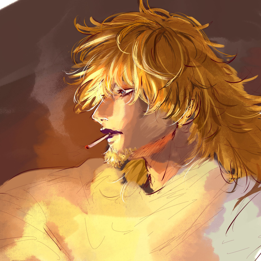 1boy, ame_ekai, blonde_hair, expressionless, facial_hair, fire_light, goatee, highres