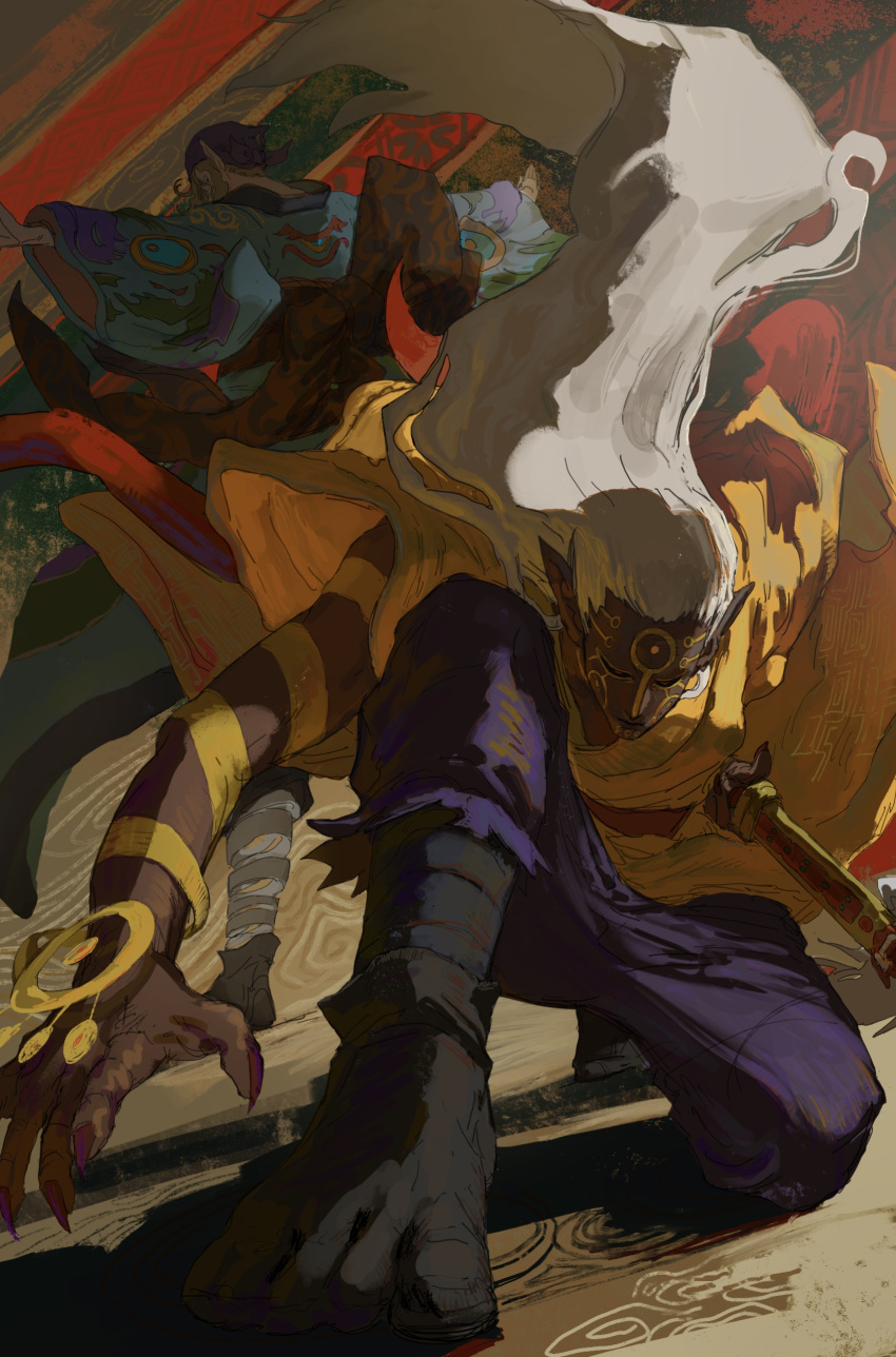 2boys, absurdres, bad_id, bad_pixiv_id, bandana, blonde_hair, closed_eyes, dark-skinned_male