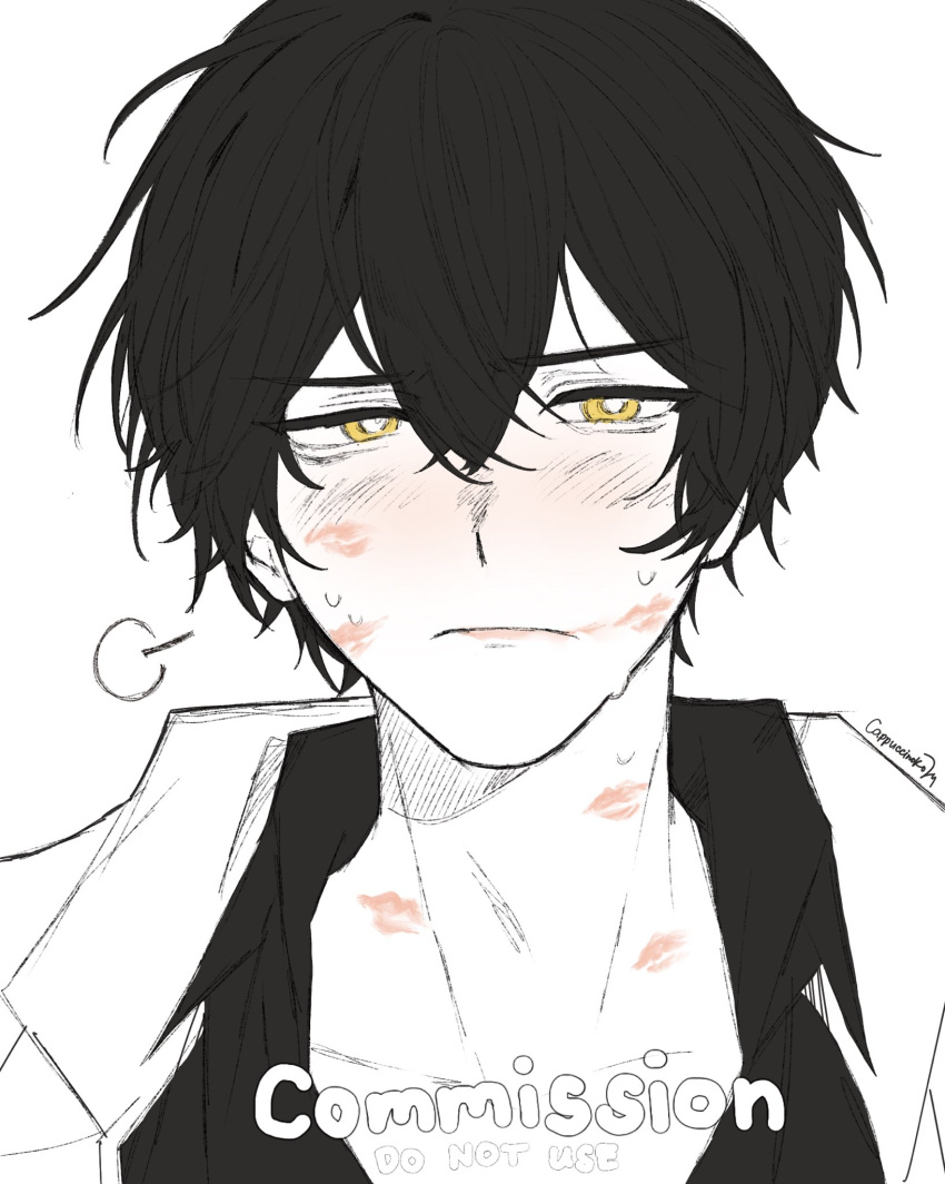 1boy, ayin_(project_moon), black_shirt, blush, closed_mouth, collared_shirt, commission, highres