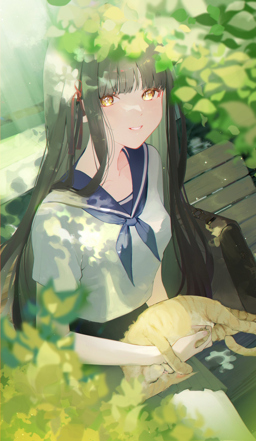 1girl, absurdres, animal, bag, bench, black_hair, black_skirt, blue_bow, blue_bowtie, blue_sailor_collar, blunt_bangs, blurry, blush, bow, bowtie, cat, collarbone, dappled_sunlight, happy, highres, holding, holding_animal, holding_cat, leaf, light, long_hair, looking_at_viewer, on_bench, original, parted_lips, pleated_skirt, red_ribbon, ribbon, ribbon_hair, ribbon_hair_ornament, sailor_collar, school_bag, school_uniform, shirt, short_sleeves, sitting, skirt, smile, solo, sunlight, totomong, uniform, white_shirt, yellow_eyes