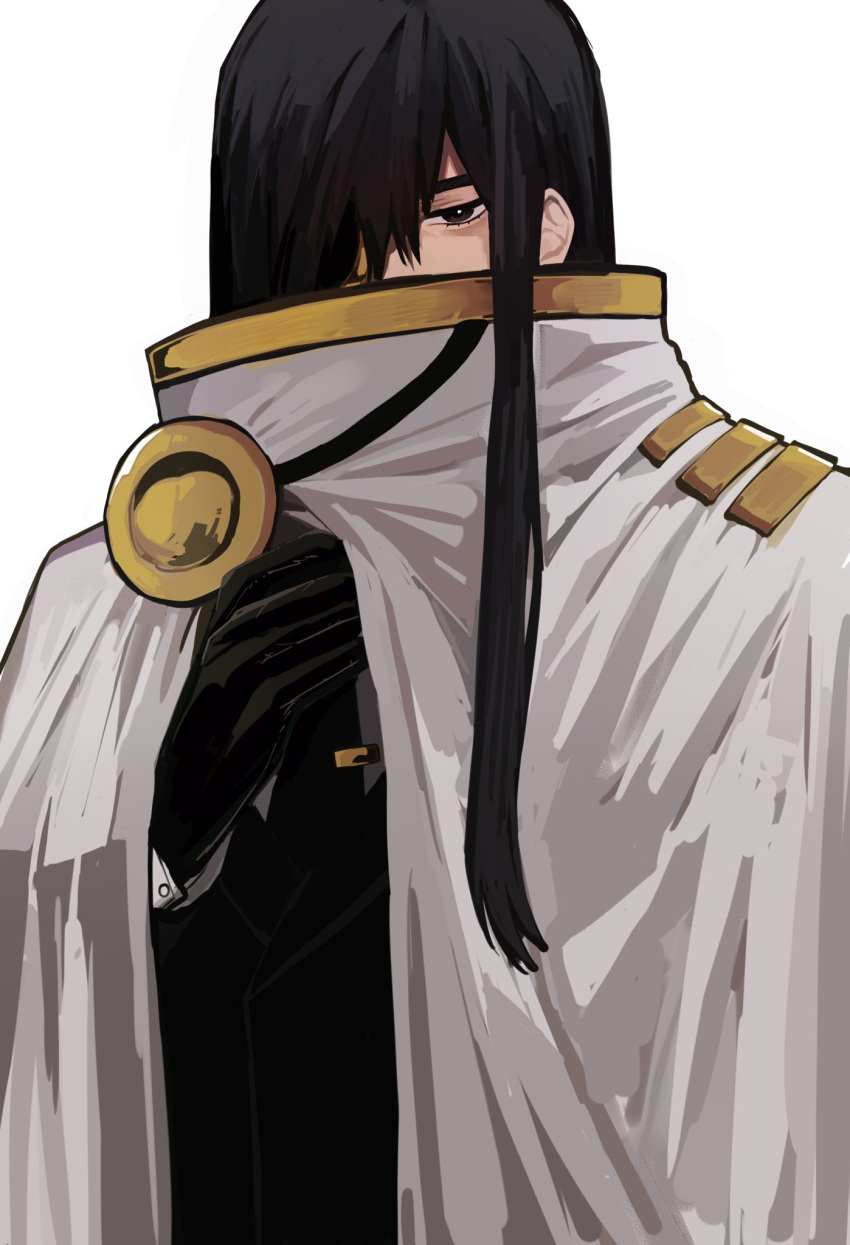 1boy, black_eyes, black_gloves, black_hair, black_jacket, brooch, cape, esther_(project_moon)