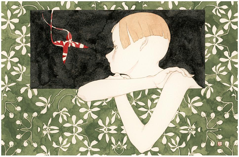 1girl, border, bowl_cut, brown_hair, bug, butterfly, expressionless, flower