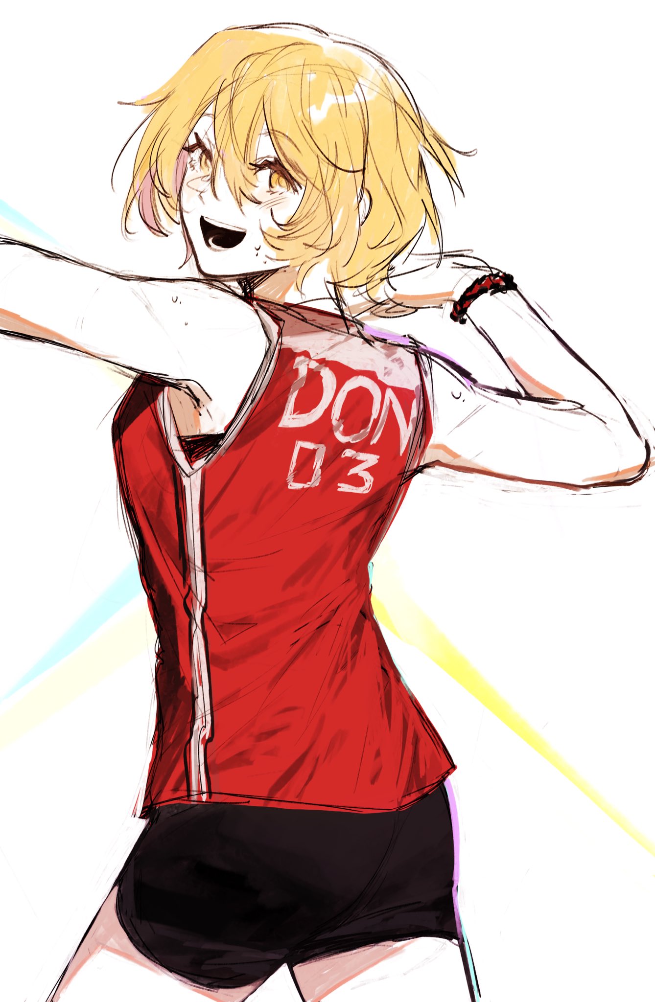 1girl, arm_up, black_shorts, blonde_hair, blush, don_quixote_(project_moon), highres, limbus_company, open_mouth, project_moon, red_shirt, shirt, short_hair, shorts, simple_background, sleeveless, sleeveless_shirt, smile, solo, sportswear, volleyball_uniform, white_background, yellow_eyes, zygyzy_031
