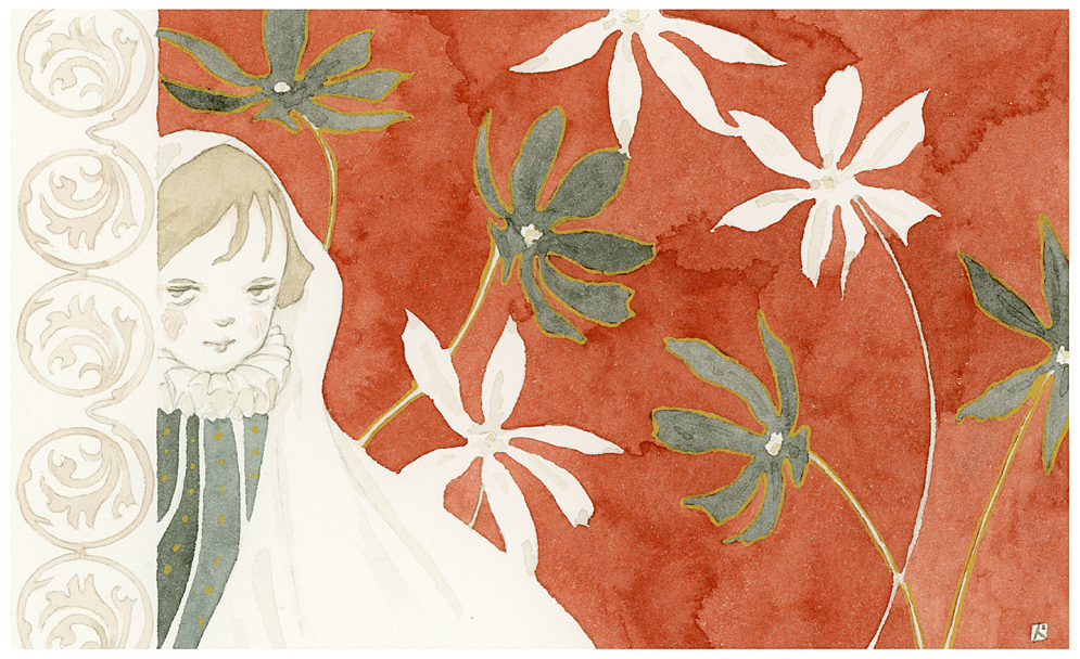 1girl, black_flower, blush, brown_hair, colored_skin, floral_background, flower, kishi_takuya