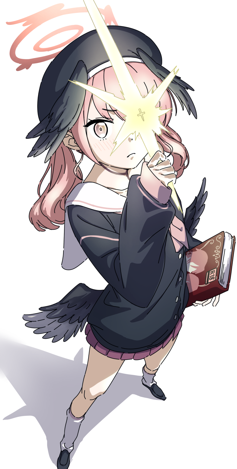 1girl, black_hat, black_wings, blue_archive, blush, book, brilliantko, content_rating