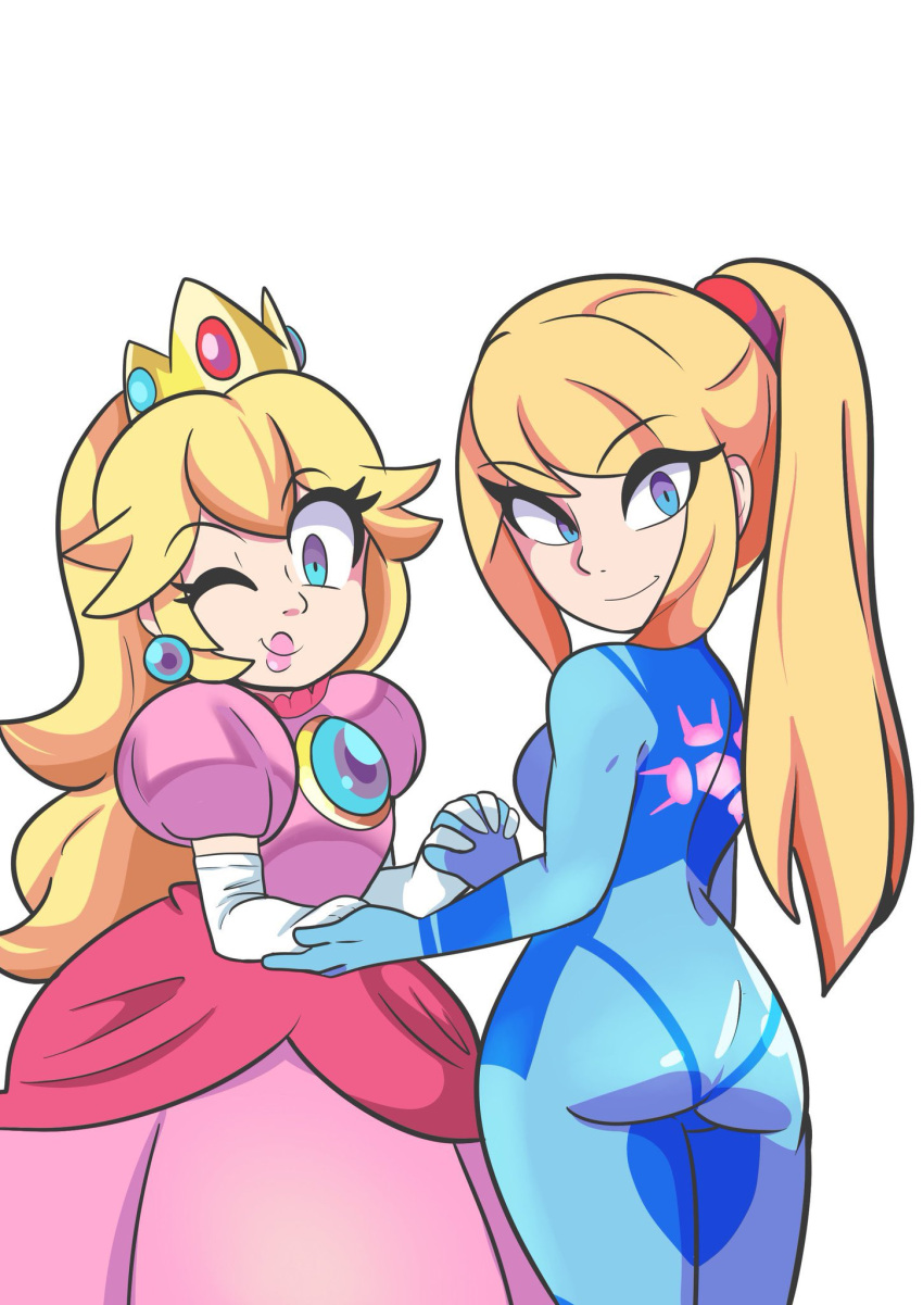 2girls, ;), ass, back, bbycheese, blonde_hair, blue_eyes, bodysuit