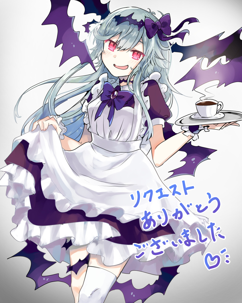 1girl, absurdres, alternate_costume, artist_request, black_hairband, blue_hair, chaos_aurora_(grimms_notes), cup, detached_sleeves, grimms_notes, hairband, highres, light_blue_hair, long_hair, maid, messy_hair, open_mouth, red_eyes, smile, solo, teacup, thorns