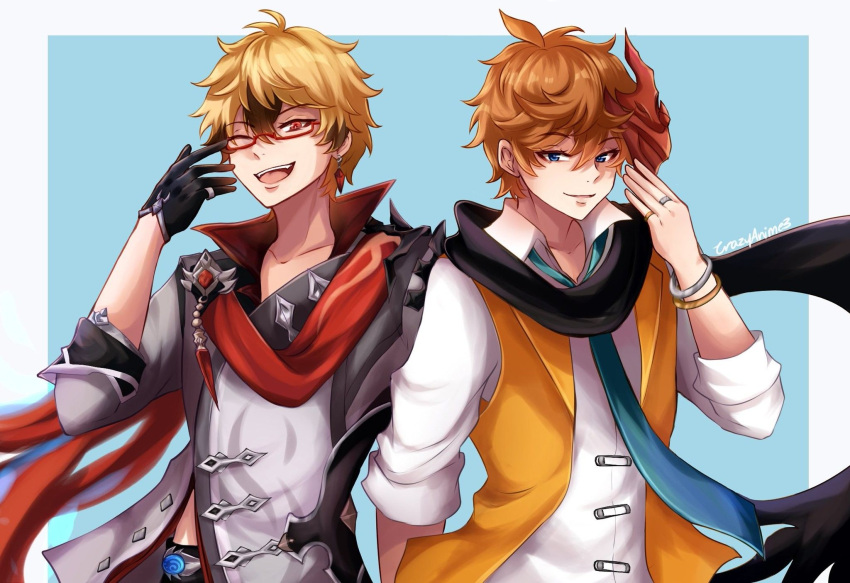 2boys, black_hair, blonde_hair, blue_eyes, cosplay, costume_switch, crazyanime3, genshin_impact