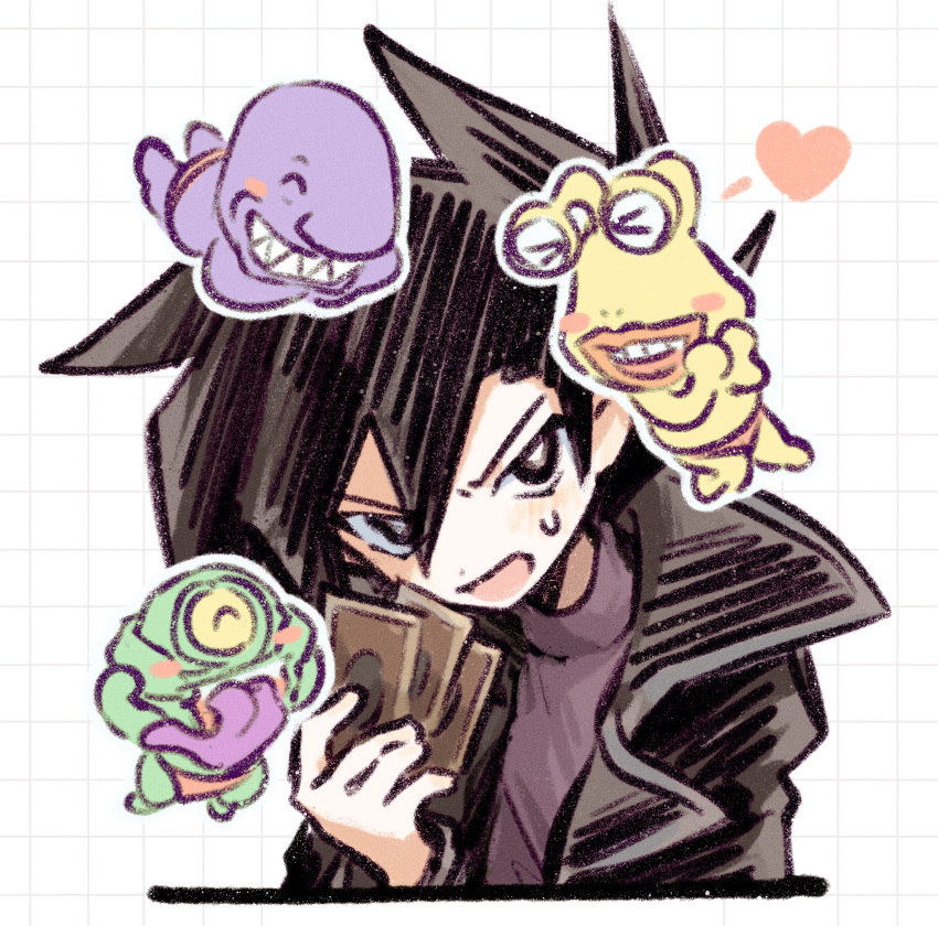 4boys, black_coat, black_eyes, black_hair, blue_skin, blush_stickers, breasts, card