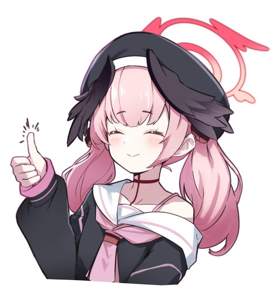 1girl, beret, black_hat, black_shirt, blue_archive, blush, closed_mouth, halo, hat, kirigakure_(iroiro_tsukauyo), koharu_(blue_archive), long_hair, long_sleeves, pink_hair, red_halo, sailor_collar, sailor_shirt, shirt, simple_background, smile, solo, thumbs_up, twintails, upper_body, white_background, white_sailor_collar