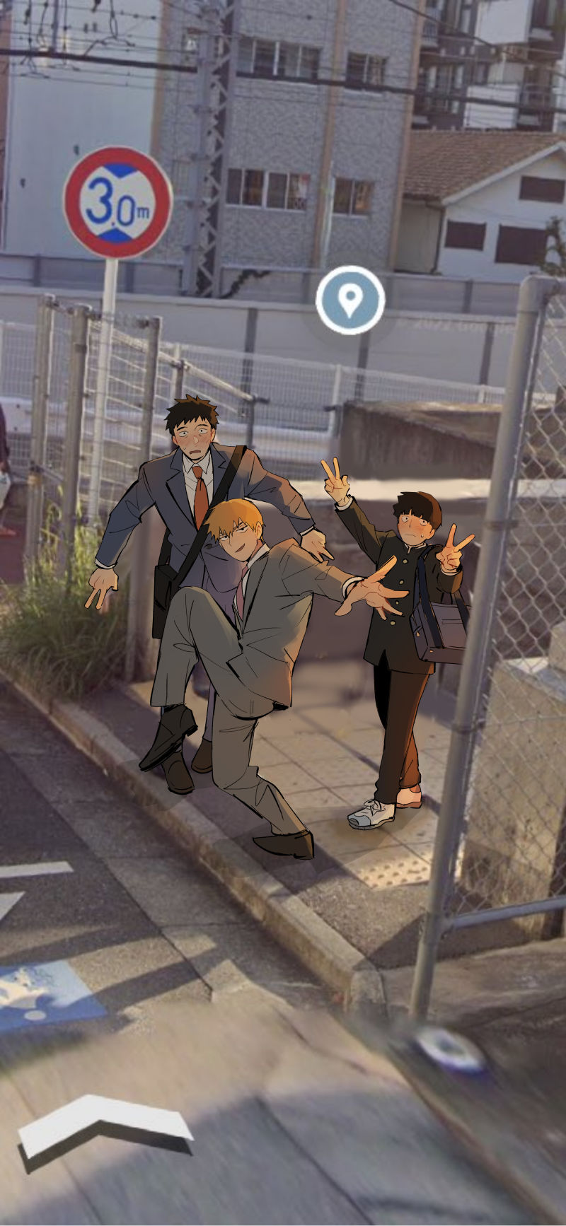 3boys, black_eyes, black_hair, blonde_hair, bowl_cut, formal, grey_jacket, grey_pants