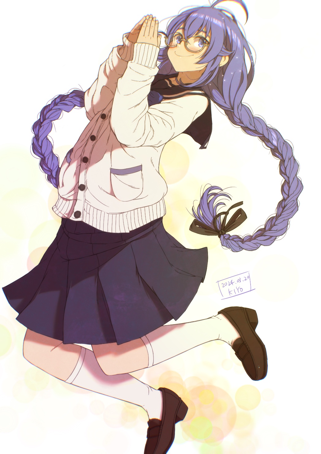 1girl, ahoge, black_ribbon, blue_eyes, blue_hair, blue_skirt, blush, braid